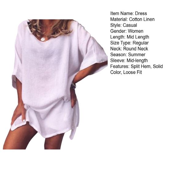 Casual Dress Loose Fit Split Hem Mid-long Sleeves No Shrinkage Casual
