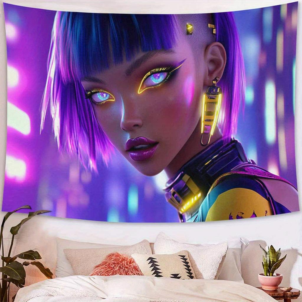 Cyberpunk Frau Wandteppich Futuristisches Neon Porträt Wandkunst für Schlafzimmer Großes Dekoratives Hängendes Element Fügt Modernen Stil Hinzu