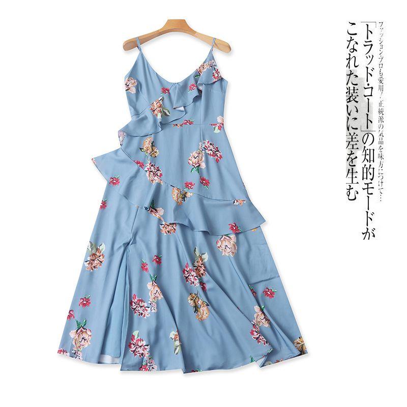 

Шифоновая юбка на бретелях с принтом, летняя новинка, женская одежда, на лямках, регулируемая, пуловер, с оборками, с разрезом, миди-платье 31151 Blue and gray bottom flower B- 6-1-4 L