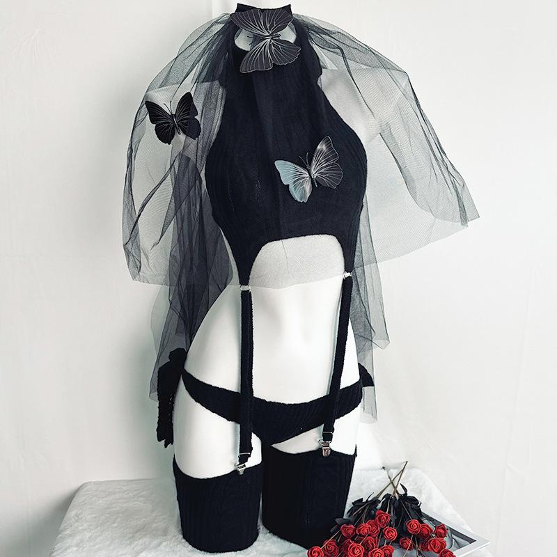 Erotic Sexy Anime Cat Girl Gray Turtleneck Sweater Uniform Outfit Cosplay Women Backless Knit Clothes Garter Stocking Costume