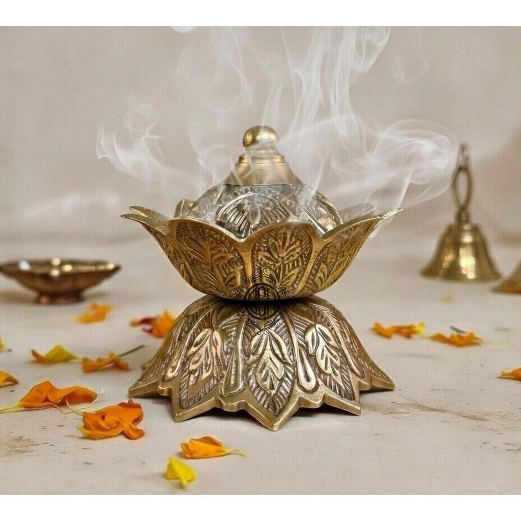 DSH Flower Design Dhoop Dani Brass Dhuna Loban Burner Round Dhooni