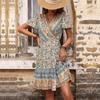 Women's Vintage Bohemia Summer Spring Floral Print Short Sleeve V-Neck High Waist Casual Dresses