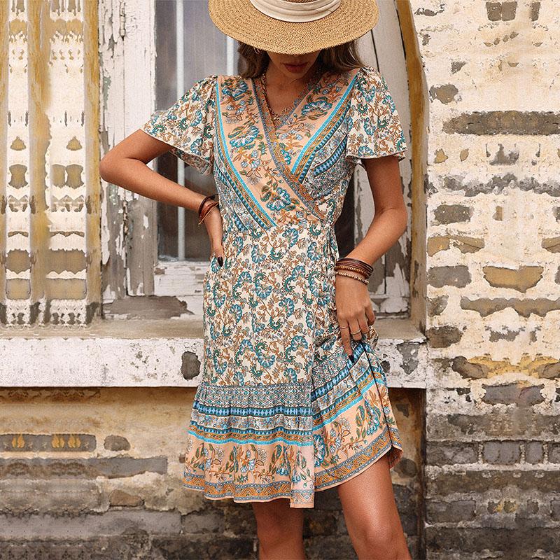 Women's Vintage Bohemia Summer Spring Floral Print Short Sleeve V-Neck High Waist Casual Dresses
