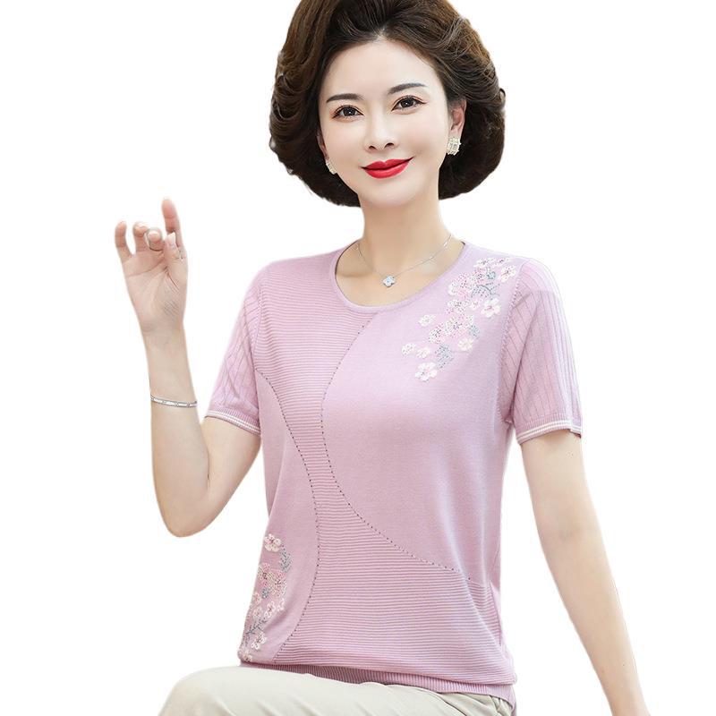 High-End Ice Silk T-Shirt for Middle-Aged Women (50-60) - Short-Sleeved Summer Top for Moms and Grandmas