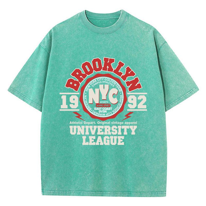 Womens Acid Wash T-Shirts Brooklyn University League Printing Tees Distressed Oversize Cotton Short Sleeve Trend Clothes