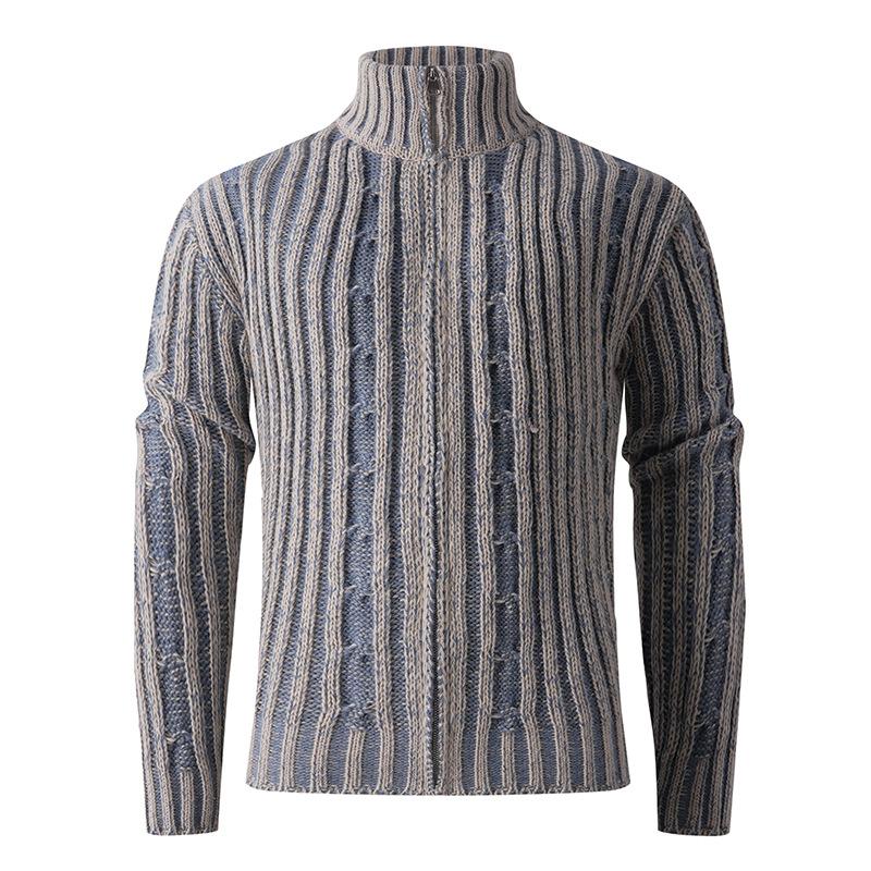 Autumn And Winter Men'S Striped Knitted Sweater American Contrasting Color Semi-Turtleneck Cardigan Sweater Jacket