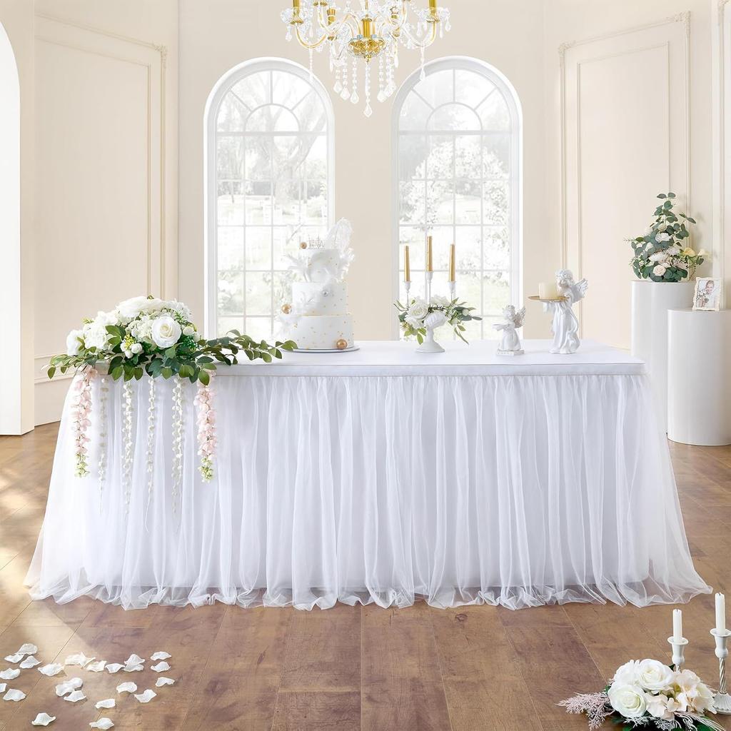 1pc White Mesh Table Skirt with Gold Edge, One Layer of Cloth, Two Layers of Yarn Velcro Table Skirt, Wedding Party Decorations