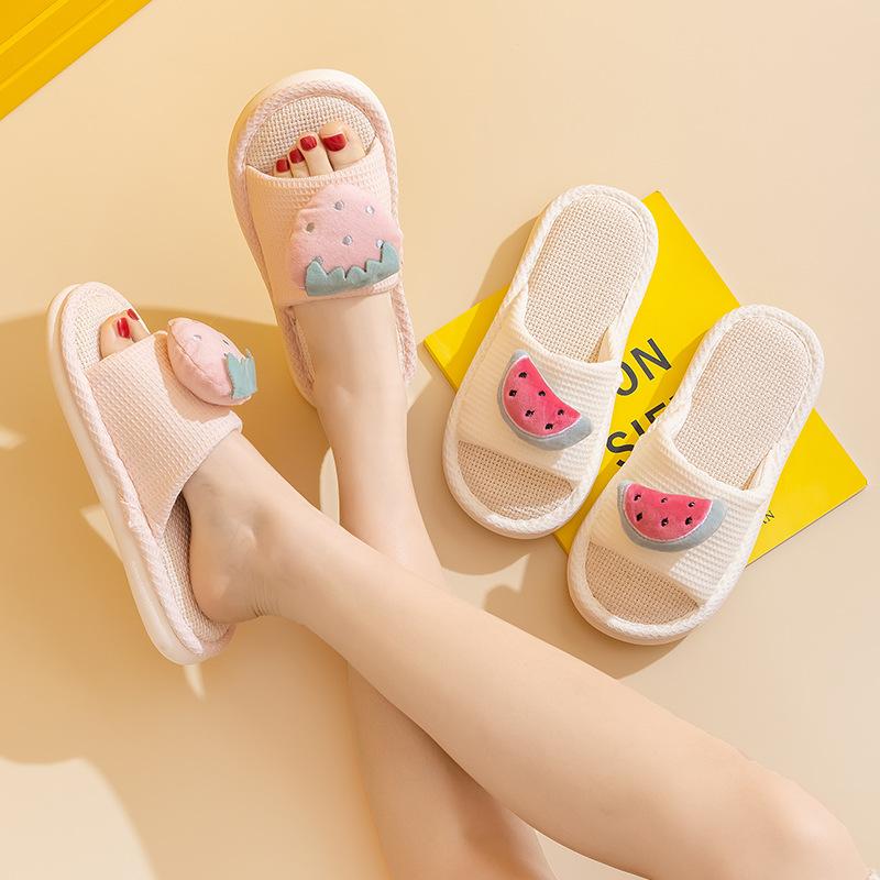 Elegant Hairy Slippers Fruit Linen Slippers Summer Home Indoor Sandals Slippers Simple Fabric Cotton Slippers Female Home Shoes Slippers Pink