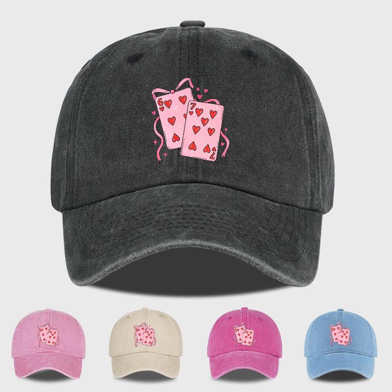 Red Heart Playing Card 67 Printed Washed Baseball Cap Soft, Comfortable, Breathable, Adjustable Sweet, Cool, Playful, Retro, Fas