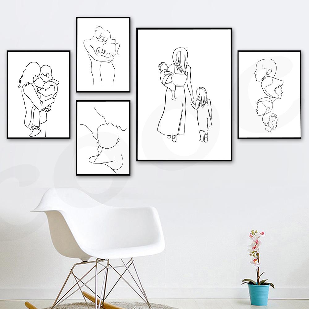 Family Together Line Draw Art Painting Modern Canvas Poster Print Minimalist Wall Art Pictures for Living Room Home Decor