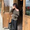 Korean Style Non-contrasting Shirt Unique Striped Slanted Shoulder Long-sleeved T-shirt for Women New Early Autumn Chic Off-shoulder Top