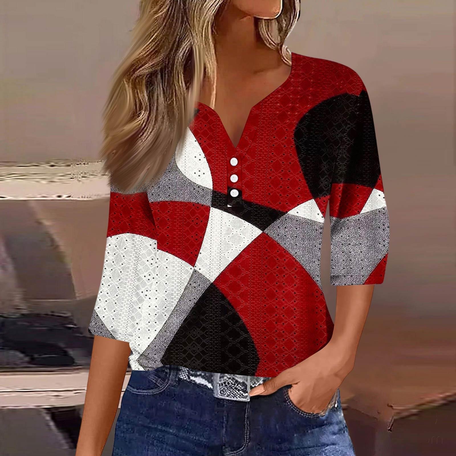 

Women s Fashion V-Neck Button Seven Sleeve T-Shirt Casual Geometric Splicing Printed Top XXL червоний