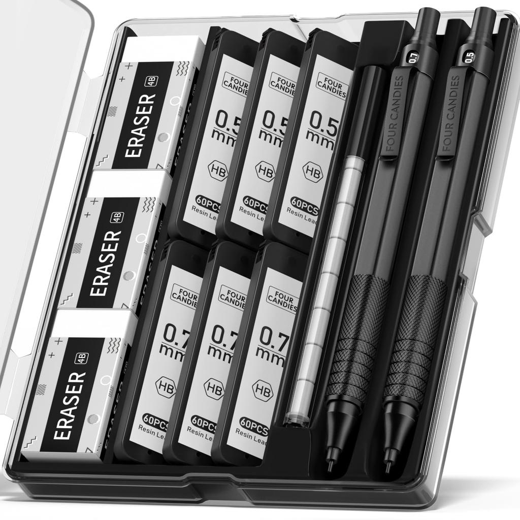 Four Candies Metal Mechanical Set of and 360 HB and Black Pencils, 2, 0.5mm 0.7mm, Leads, Eraser, Case,