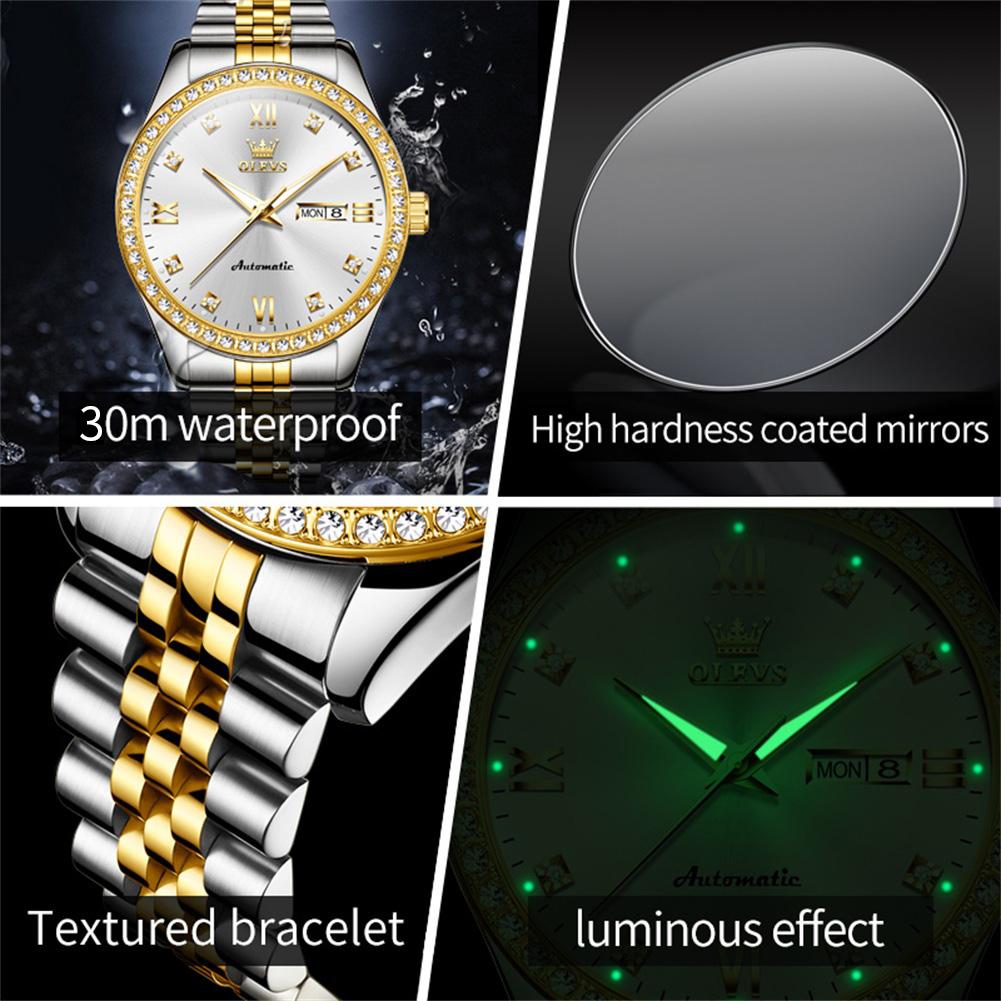 OLEVS7012 Diamond Automatic Watch Men Luxury Brand Original Mechanical Wristwatch Stainless Steel Waterproof Calendar Hand Clock