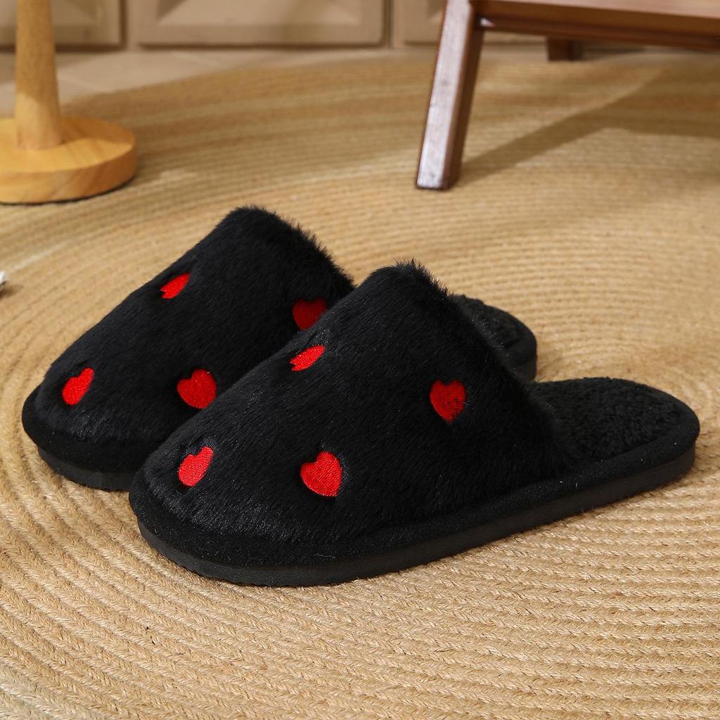 Women's Heart Shape Furry Cotton Slippers - Warm, Soft Sole, Plus Velvet for Autumn/Winter Indoor Use