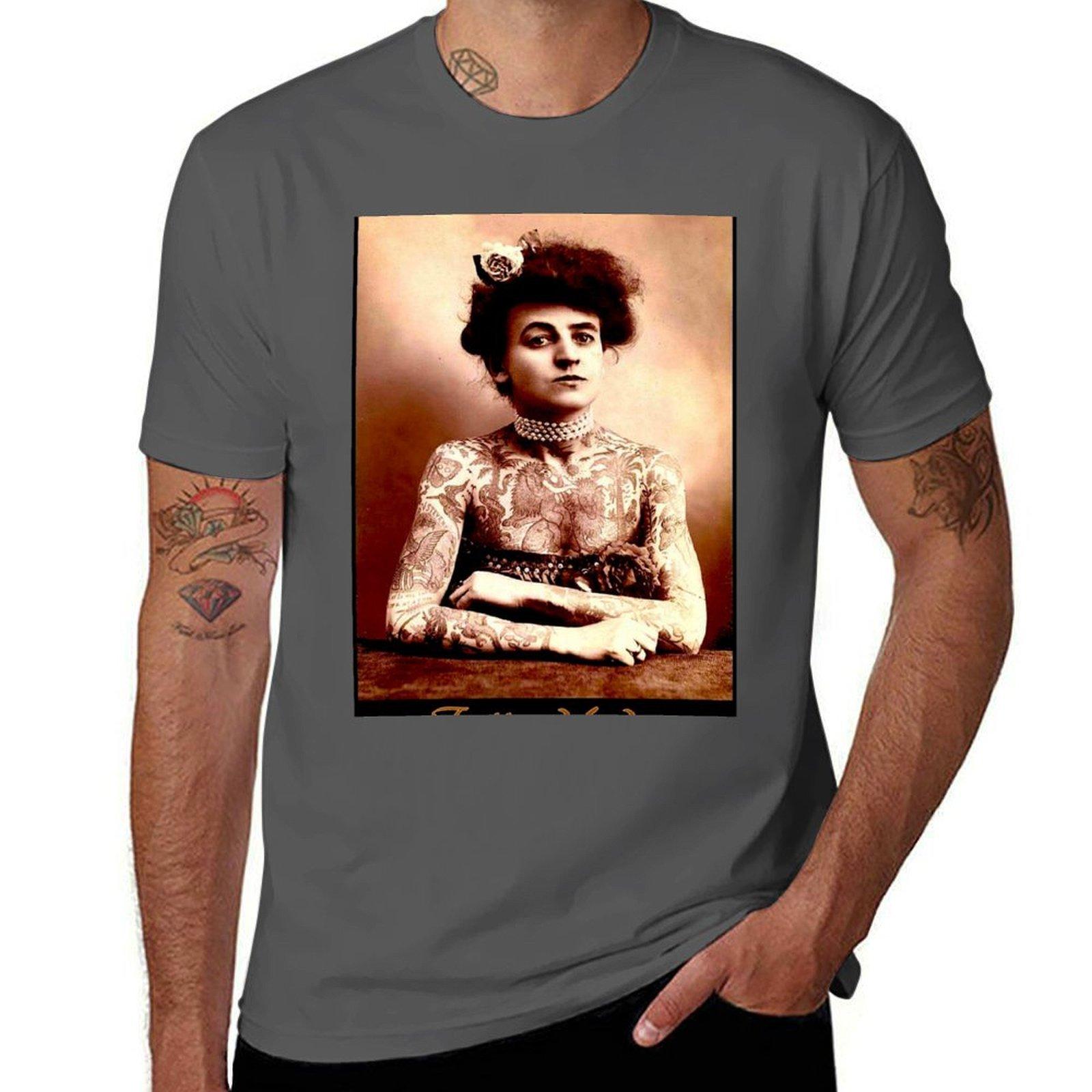 

TATTOOED LADY Vintage Tattoo Photograph Print TShirt Basic Casual Wear Short Sleeve Top 4XL