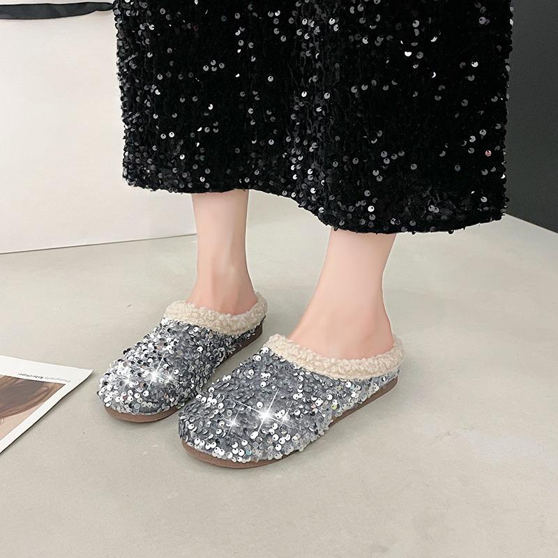 Sequin Baotou Slippers Autumn and Winter New Round Toe Deep Mouth Soft Sole Non-slip Wear-resistant Flat Shoes