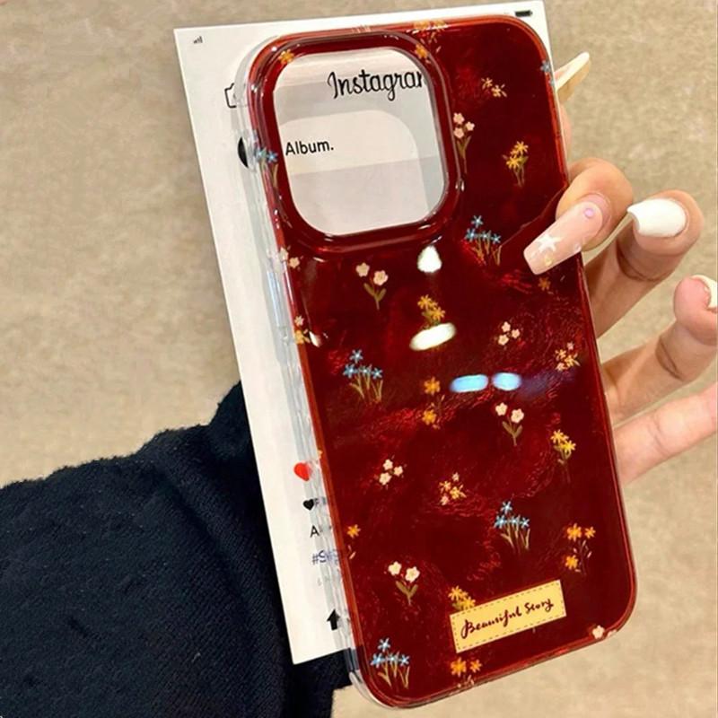 

Чехол для телефона в корейском стиле винно-красный с узором «вихрь из маленьких цветков» для iPhone 16 16e 15 14 13 12 11 Pro Max XR XS Max 78 Plus For iPhone 16 Pro