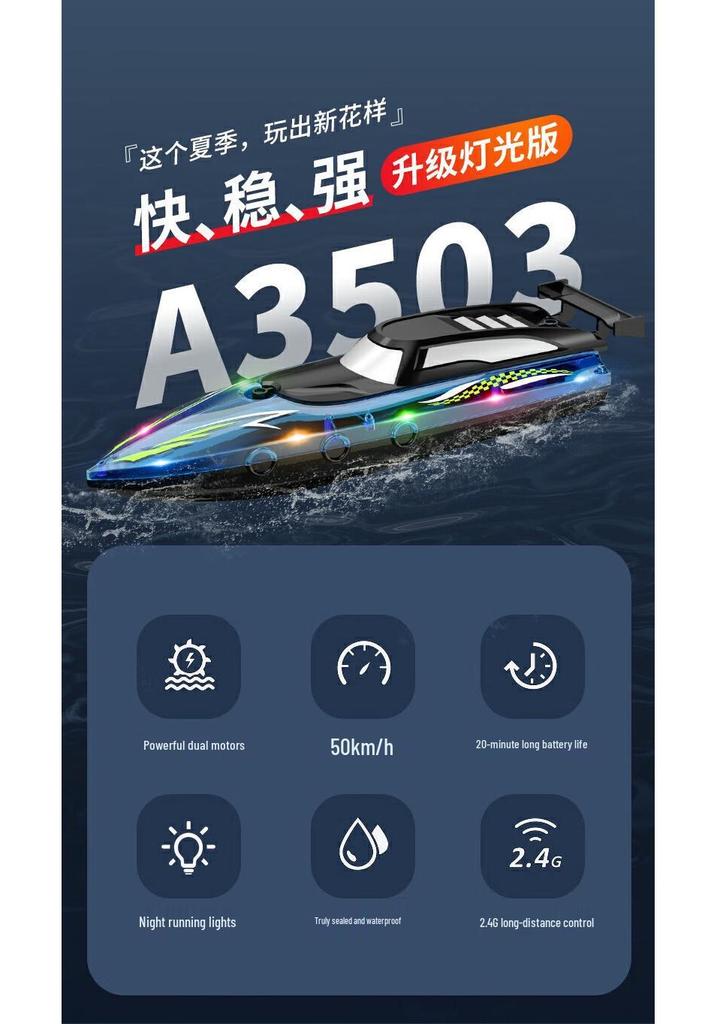 2.4G Dual Motor High-Speed Remote Control Speedboat with Lights for Kids
