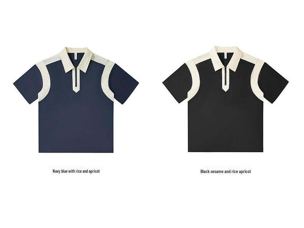 Trendy College Style Contrast Polo: Heavy 240g Pearl Cotton, Half-Zip, Drop Shoulder, Short Sleeve