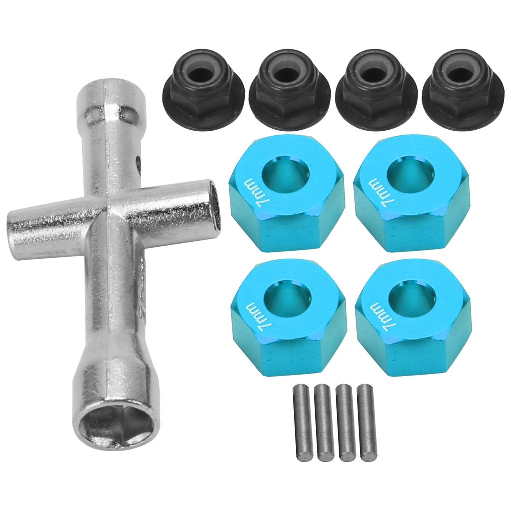 12mm Wheel Hex Hub Adapter 7mm Thick M4 Flange Lock Nuts Cross Wrench Set for 1 10 RC CarBlue