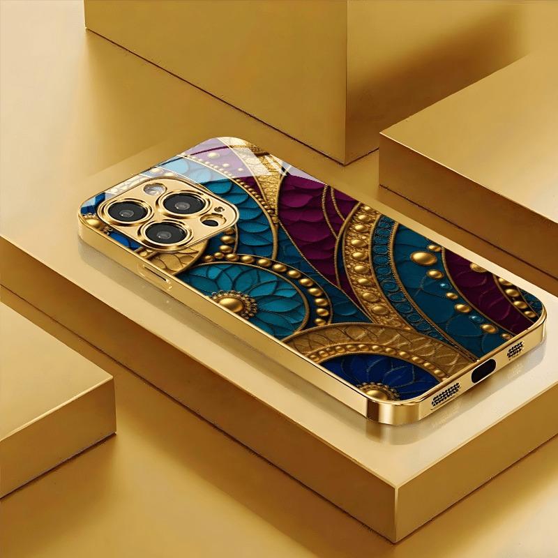 

Золотий Синій Рельєфний Квітковий Золотий Металік Фарба Скляний Чохол для Телефону Для iPhone 17 16 15 14 13 12 11 Pro Max 14 15 Plus 17 Air 16E Чохол iPhone17 Pro