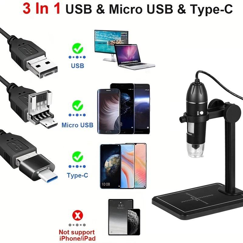 Adjustable 1600x Magnification 3 In 1 Usb Hd Desktop Electronic Digital Microscope Plastic Bracket 8 Led For Pc Phone