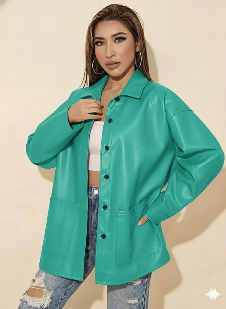 Stylish Women's Turquoise Handmade Casual Shirt Formal Lambskin Leather Genuine Fit