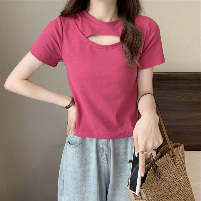 Women's Crew Neck Short Sleeve Cutout Crop Top Slim Fit Korean Casual Solid Color Pullover T Shirt Cute Summer Daily Blouse