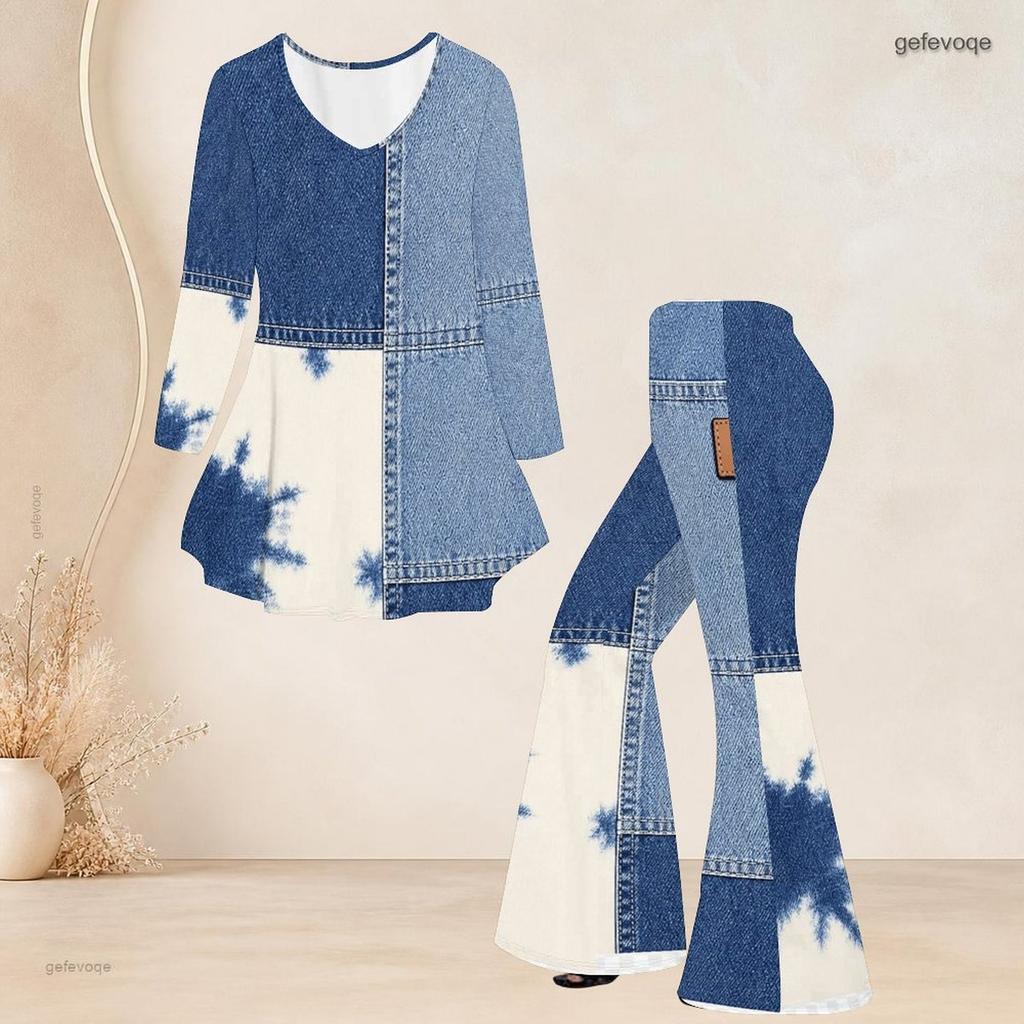 Women Plus Size Printed V Neck Three Quarter Sleeve Flared Top And Flared Pants Two Piece Set