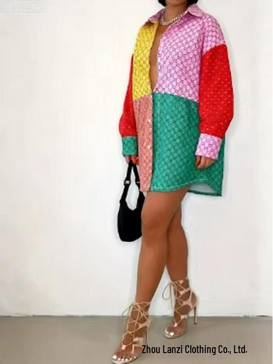 Kleurrijk Patchwork Retro Lange Mouwen Shirt met Kraag - Grote Maat