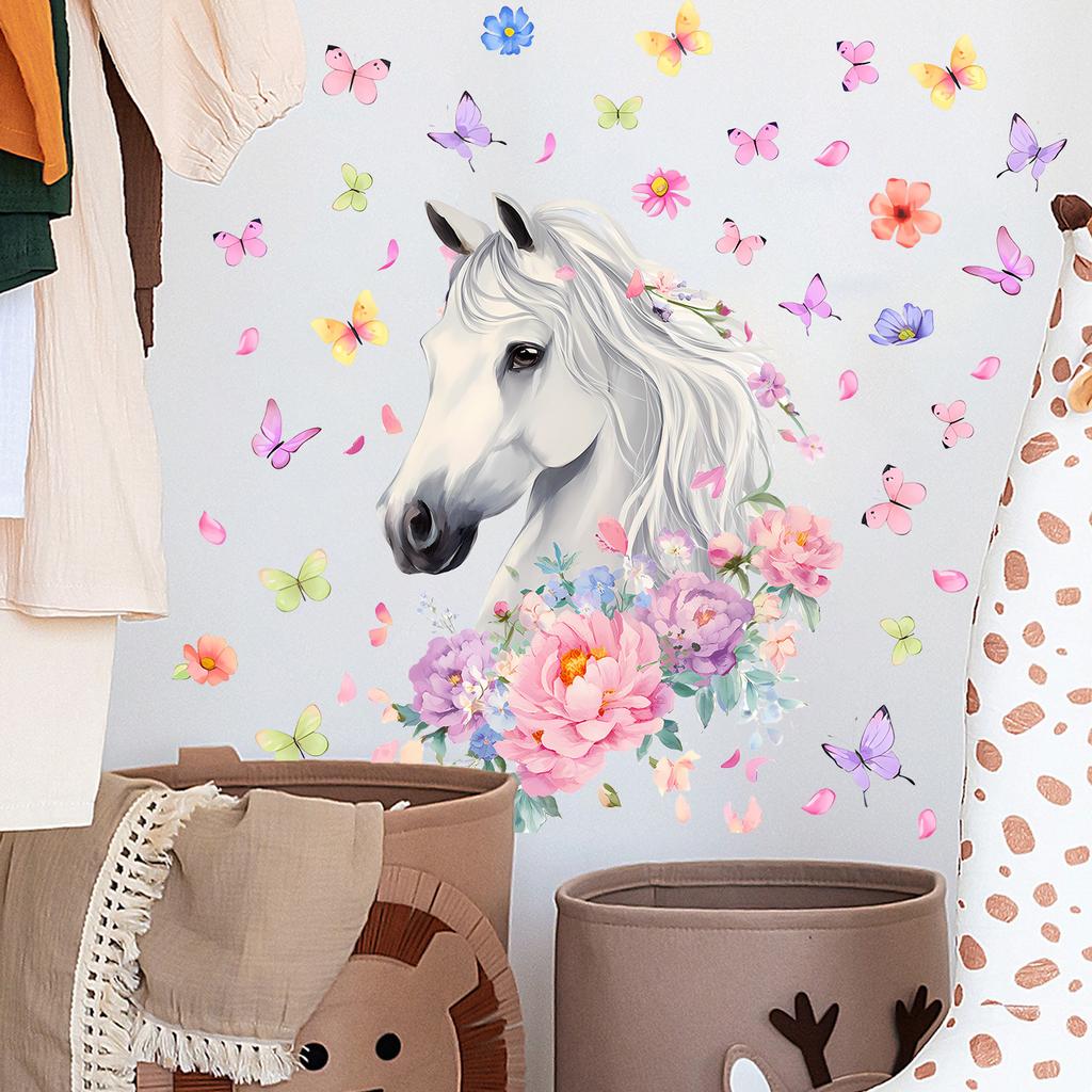 Self Adhesive Wall Stickers Horses Flowers Butterflies for Kids Room Living Room Background Wall Decoration
