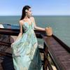 Mint Green Seaside Vacation Floral Suspender Dress Travel Photo Beach Dress Dopamine Island Wear
