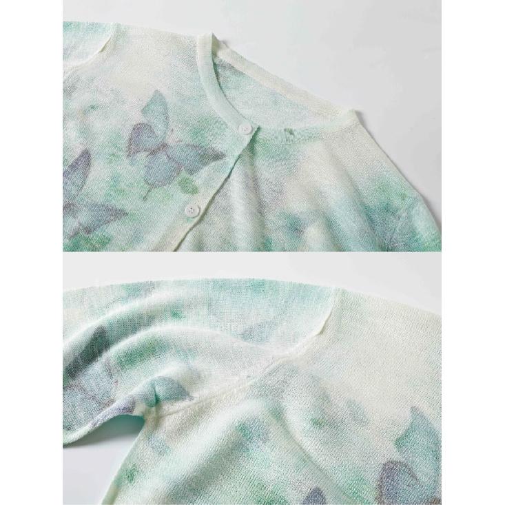 Women's Summer Long Sleeve Floral Print Knit V-Neck Cardigan Casual Lightweight Knitted Sweater Top with Sun Protection