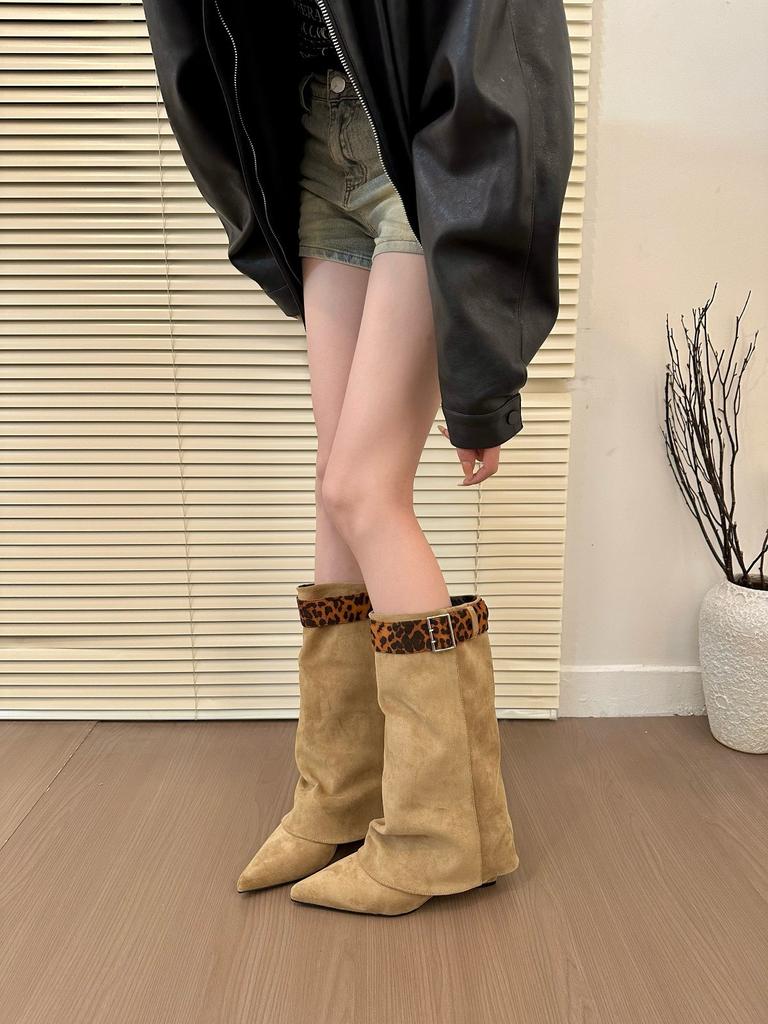 Hot Girl Oni! Trendy Leopard Print Pointed Toe Wedge Trouser Boots Women's Autumn Detachable Belt Buckle Mid-leg Boots