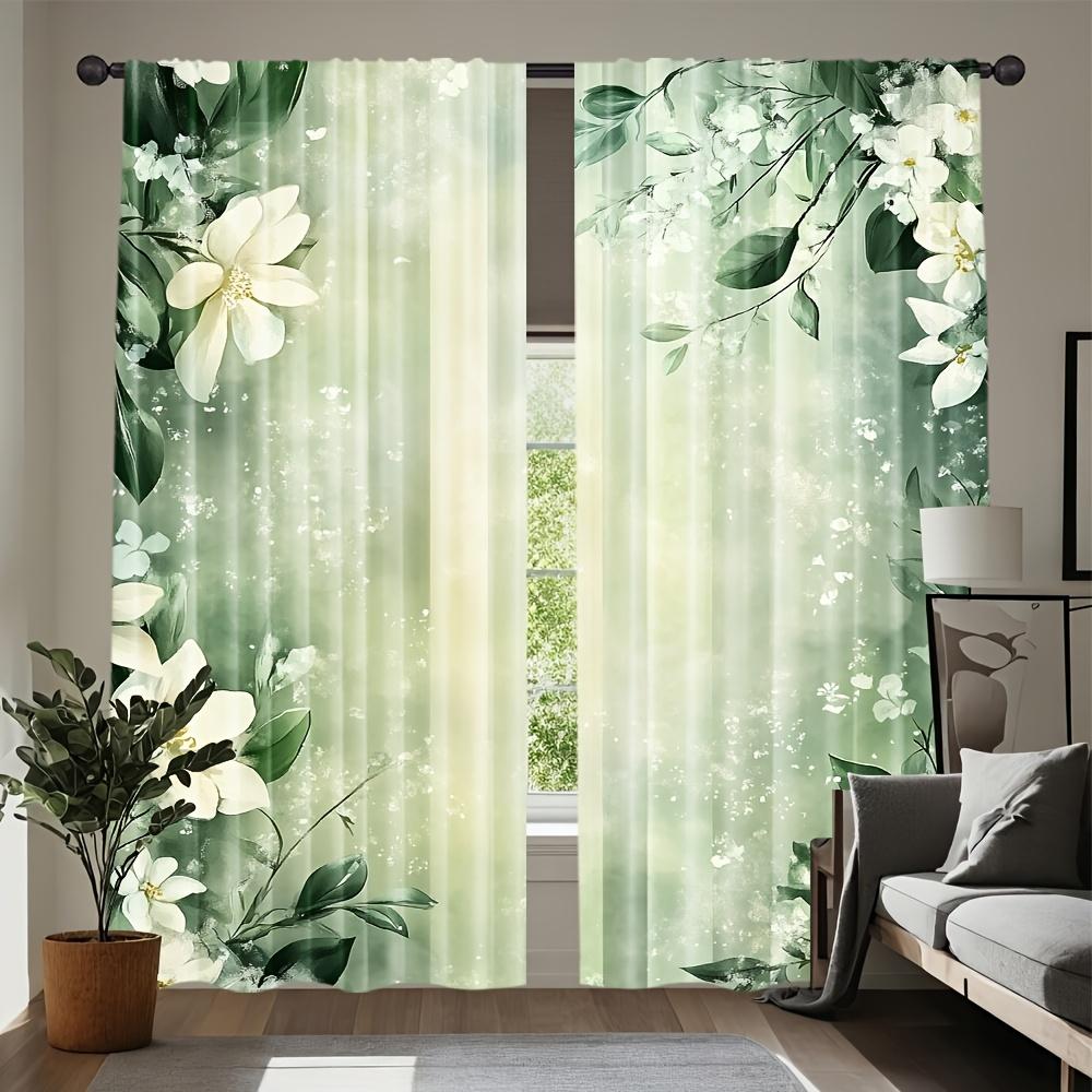Set Of 2 Minimalist Sheer Curtains Green White Floral Print Living Room Bedroom Decor Design Curtain With Rod Pocket Polyester Ideal For