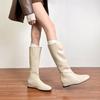 Height Increase Cm~ Leather Thin Boots Women's Autumn and Winter New Flat-bottomed Soft Thin Boots Medium and High Knight Boots