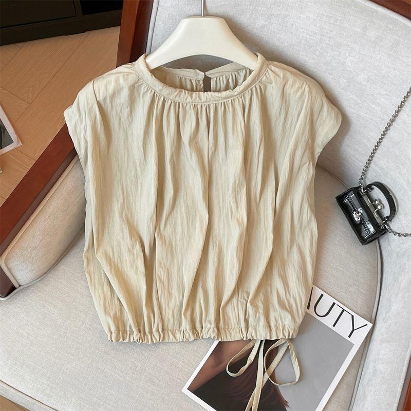 

Ouxue ~ Популярный бестселлер! Стильная блузка с присборенным круглым вырезом, женская летняя элегантная корейская футболка без рукавов с кулиской Milk Tea S