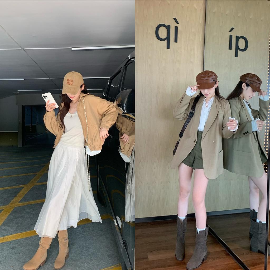 Cowhide version Chaohui, the same style has a height increase of 8cm, Korean round head V-mouth thick heel and thin stacked short boots, women's weste