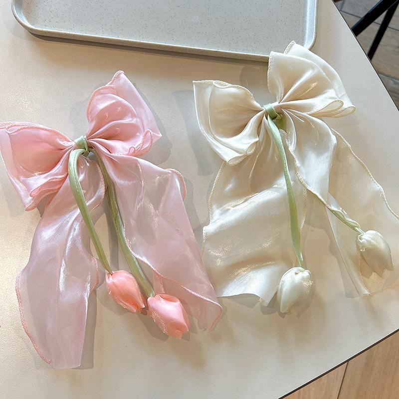Ethereal Tulip Mermaid Iridescent Bow Hair Claw with Ribbon Tails Sweet Girl Pearlescent Color Fashion Shark Clip for Women