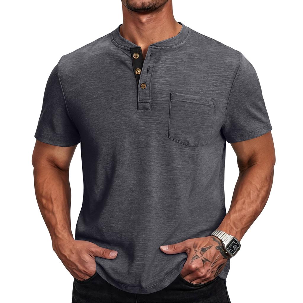 Men Henley Neck Short Sleeve T Shirt Casual Basic Button Front Athletic Fit Pullover Top with Chest Pocket for Everyday Wear
