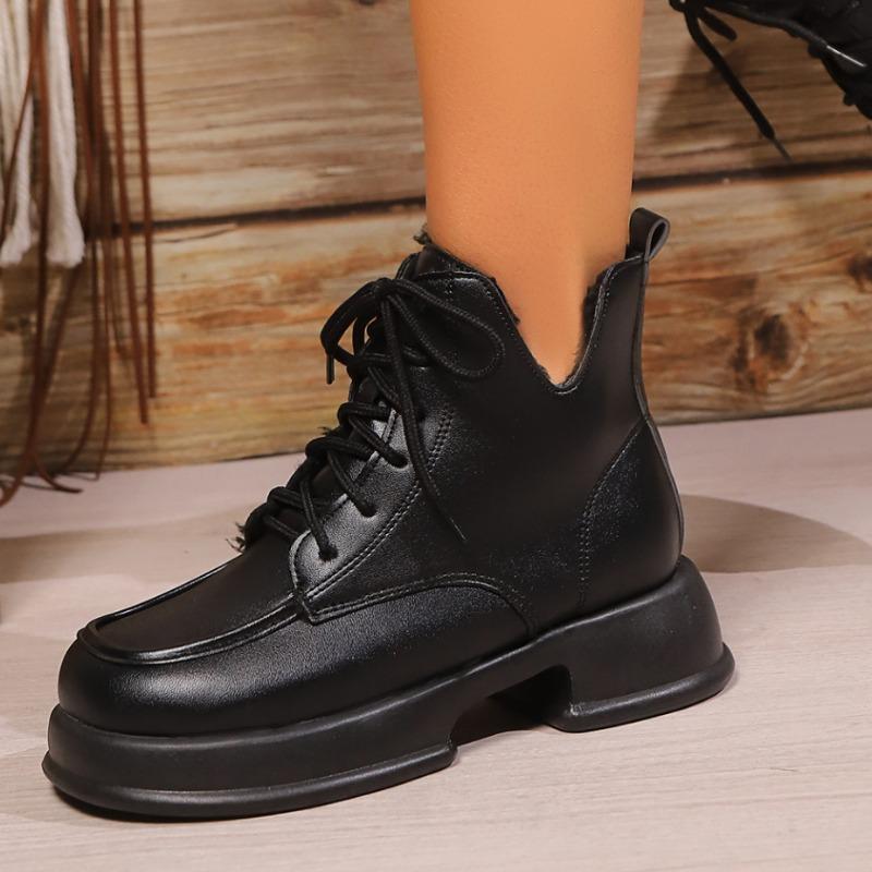 Women's Rubber Boots Boots-Women Flat Heel Luxury Designer Round Toe Female Shoes Lace Up Rain Med  Fashion Rock Leather