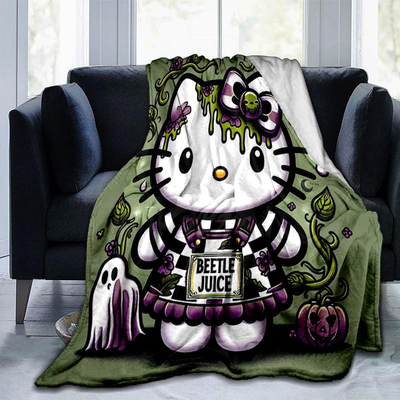 1pc Cartoon Spooky Hello Kitty Blanket, Cartoon Throw for Home Decor, Gift Idea, All Seasons Use, Cozy Bedding Cover, Room Decoration, Living Room, Tr