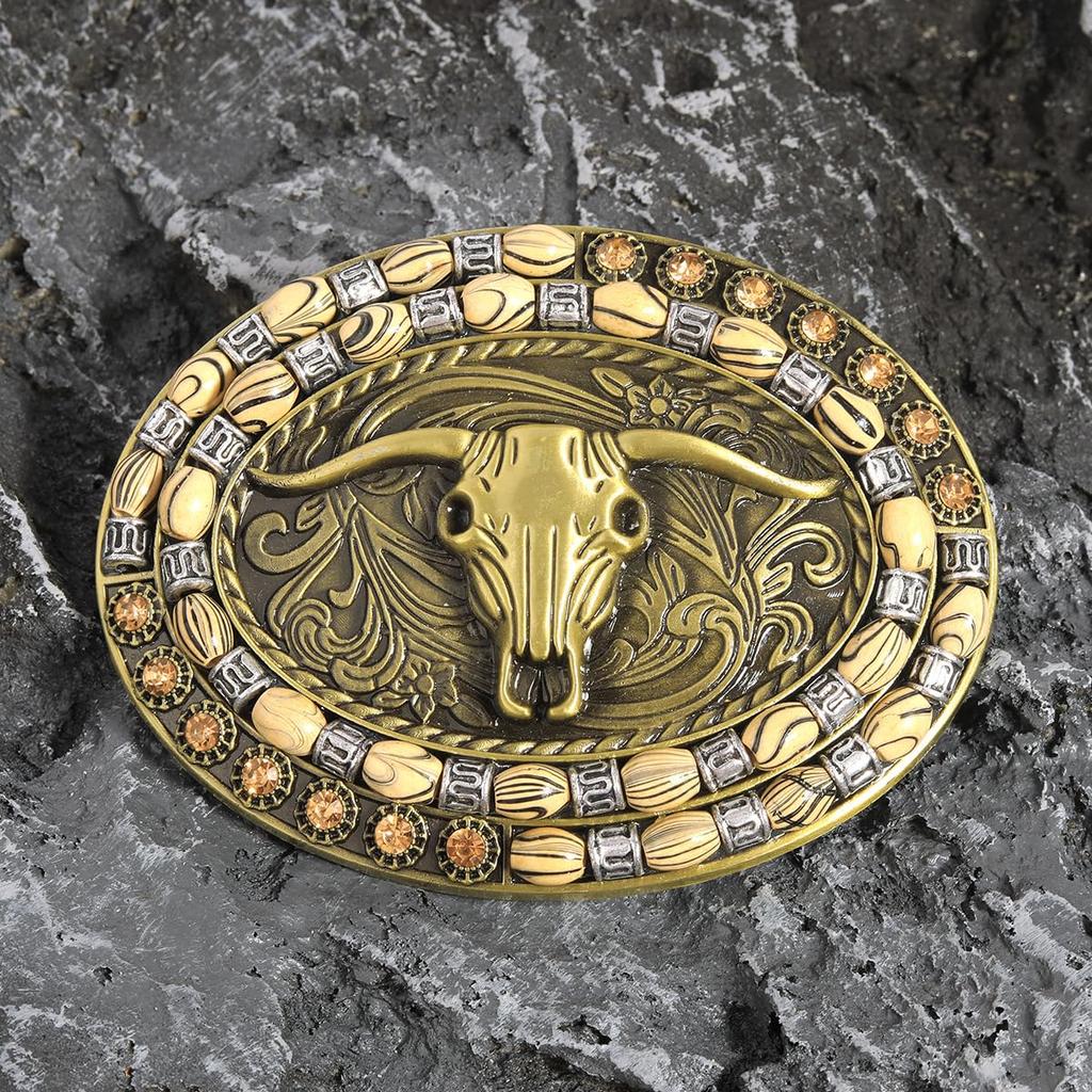Western Belt Buckle for Men Cowboy Head Oval Buckle with Wood Grain Beads Vintage 10 x Gift [Rockyu] Hat/Boots/Horse Decoration, Alloy, Style, 7.4 cm,
