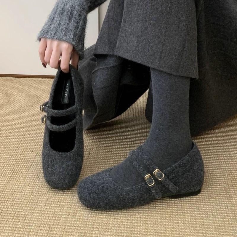 

Французские ретро туфли-лодочки с двойным ремешком, плюшевые, с круглым носком, на плоской подошве, Мэри Джейн, женские, новая коллекция 2025 40 серый