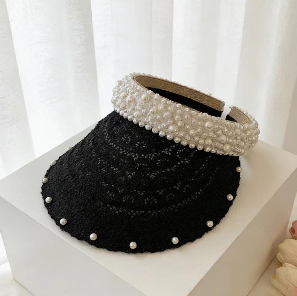 Handmade woven pearl empty hat, fashionable seaside vacation sun-protection hat, headband, summer sweet sun hat