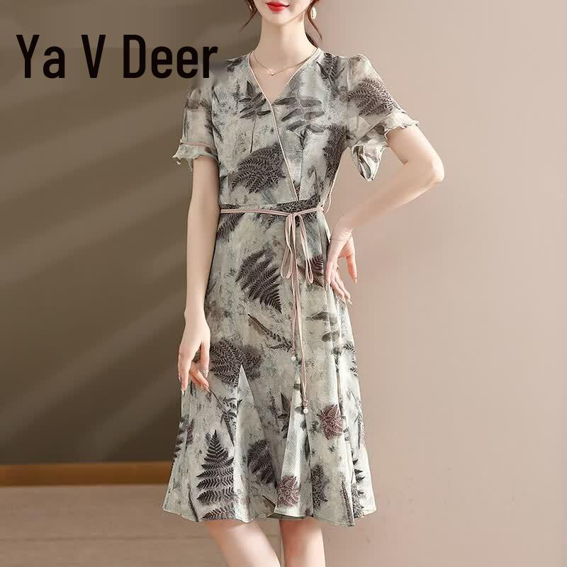 Yalu Summer Ink Plant V-Neck Dress 2XL