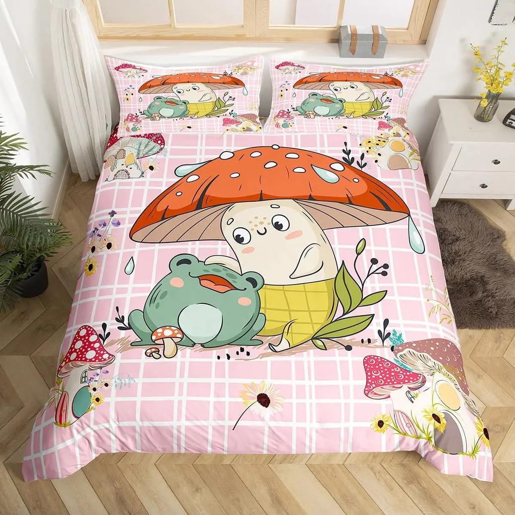Kawaii Animals Duvet Cover Cute Rabbit Bedding Set Rustic Wooden Comforter Cover Microfiber Floral Bedclothes Queen For Girl Boy
