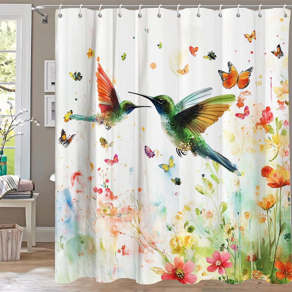 Beautiful Flower And Bird Printed Shower Curtain Partition Privacy Hanging Home Decoration Curtain With Hooks Machine Washable