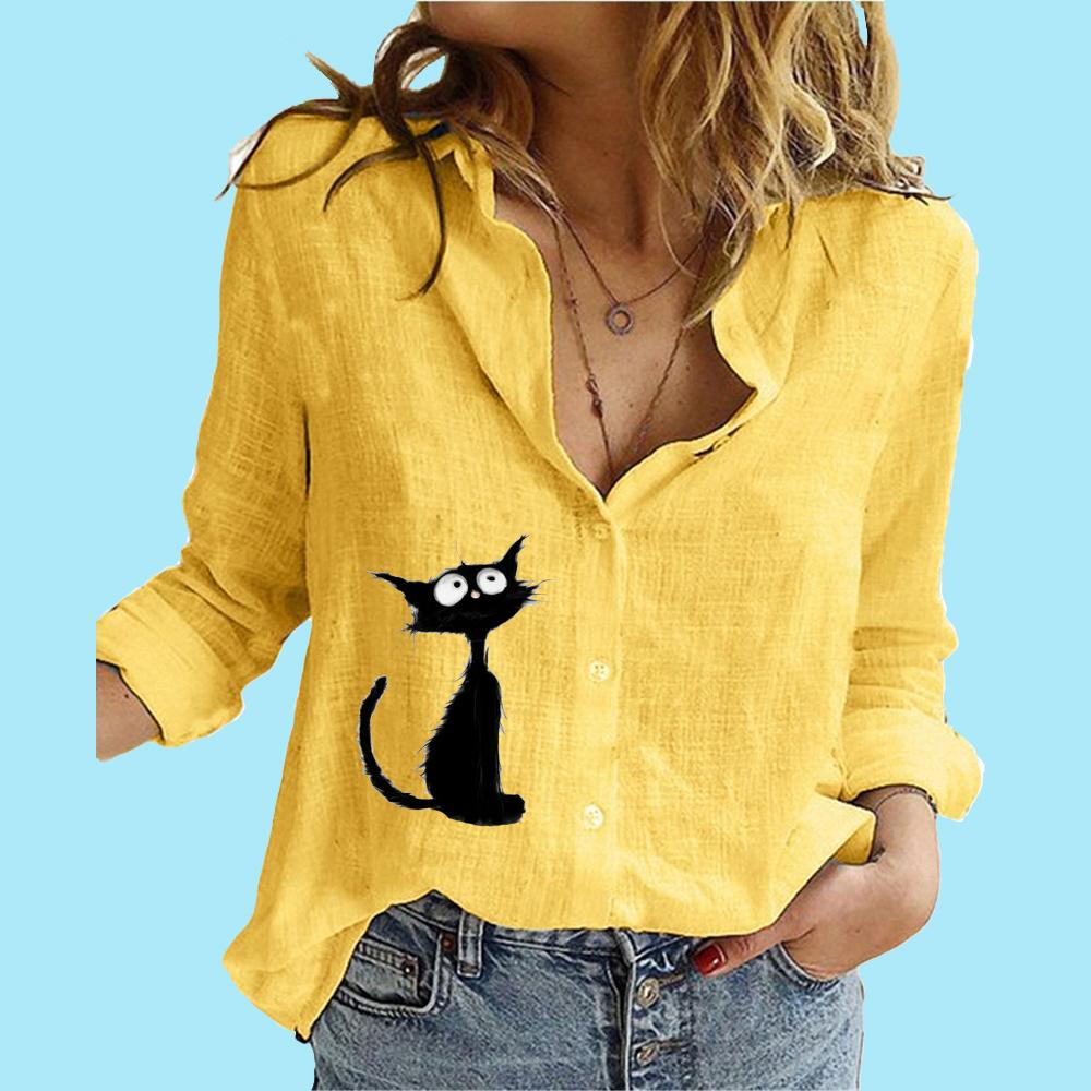 Women Fashion Buttoned Long Sleeve Shirt Ladies Casual Thin Cotton Linen Print Top Stand Neck Long Sleeved Blouse
